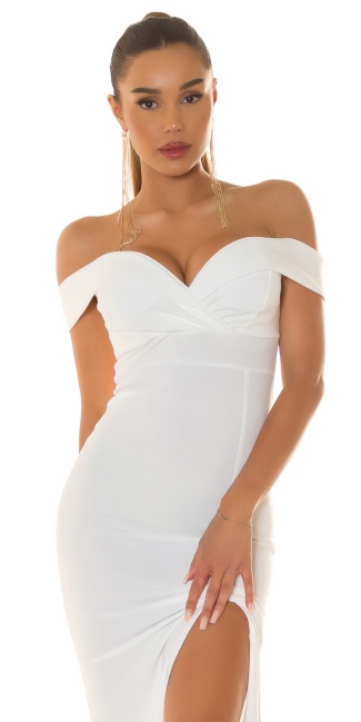 off-shoulder evening dress with slit White